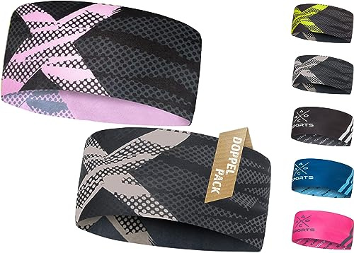 Fascia sportiva traspirante per uomo e donna – Fascia ad asciugatura rapida reversibile – Fascia leggera ed elastica antivento - Set da 2 (rosa/grigio)