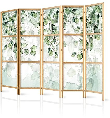 murando - Paravent Raumteiler Holz Blätter, 225x172 cm, 5-teilig, modern | Mobiler Sichtschutz, sofort einsatzbereit, Holzrahmen, ideal fürs Wohnzimmer oder Büro, geruchsneutral, lichtbeständig