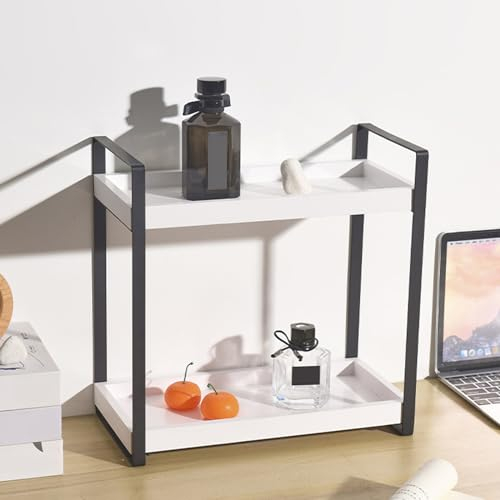 XQZMD Multifunktionales Holzregal, Standregal Holz Arbeitsplatte Küchenregal mit 2 Ebenen, Badregal ohne Bohren aus Holz, Metallstütze Badzimmer Aufbewahrung Regal für Kosmetik Organizer (Weiß)