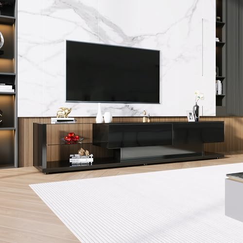 BTM Meuble TV en Verre, Armoire TV avec cloison en Verre Aqua Lumineux, Banc TV avec Éclairage LED, pour Salon, Salle à Manger, Chambre, Rangement Pratique, Noir,170x38x36cm