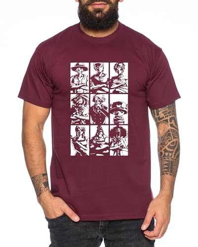 Ruffy Team - Herren T-Shirt Straw Hat Luffy Zoro One Monkey D. Pirat Ace Piece Goku Anime Ruffy, Größe:L, Farbe:Weinrot