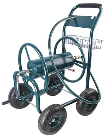 Aursrenty Carro de carrete de manguera de jardín, carrito portátil de 4 ruedas con cesta de almacenamiento, carrito de soporte de manguera de agua resistente para patio, jardín, granja, verde, como se
