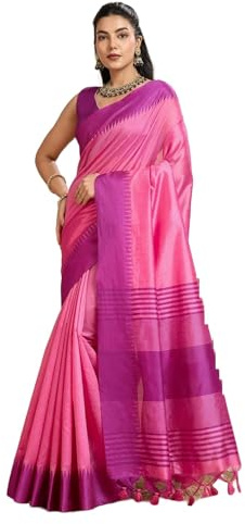 Laavaan Sari da donna in cotone e seta a quadri con camicetta non cucita, Rosa ipnotizzato, Etichettalia unica