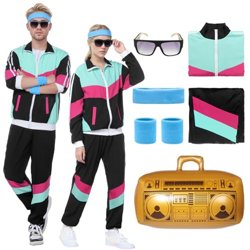 Suffolly 90s Fancy Dress Costumes,Shell Suits for Men Women,Retro 80s Fancy Dress,Halloween Costumes Adult Couples,Tracksuit for Halloween,Disco,Stag Nights,Holidays,Theme Party(Black, S)