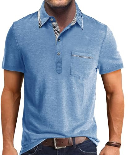 Comilaka Men's Short Sleeve Casual Polo Shirts Classic Button Contrasting Colors T- Shirts with Pocket Stylish Tops Light Blue