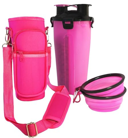 PETPECAS Botella de Agua Portátil para Perros con Funda Neopreno, Antigolpes y Antiarañazos (Rosa)