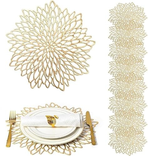 PECZEKO 8er Set Rund PVC Platzset Abwaschbar Platzsets Tischsets Rund, rutschfest Platzteller, Ideal für Weihnacht Hochzeit Küche Party, Hitzebeständige 38cm Platzdeckchen Abwaschbar, Golden