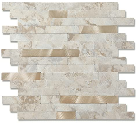 Yipscazo 1 Sheet Peel and Stick Stone Metal Tile Backsplash, Stick on Tiles for Backsplash Kitchen, Bathroom, Laundry Room, Camper, Fireplace (12 x 12 Inches, Beige Ecru)