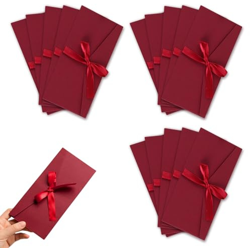 XNIVUIS 15 Stück Schöne Briefumschläge, Kraftpapier Umschläge mit Schleife, Retro Vintage Kraft Kuvert Briefkuvert Briefhülle für handgefertigte Einladungen, Hochzeits- oder Festival-Karten (Rot)