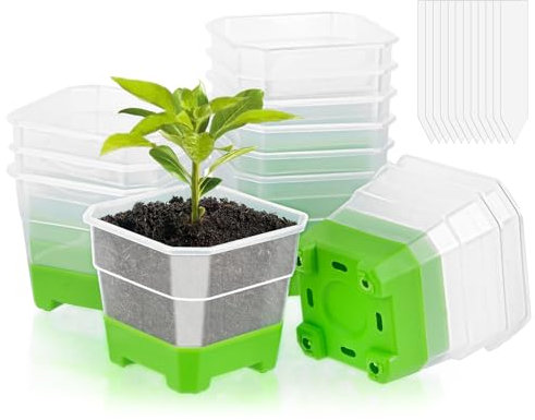 HGRGHH 12 Stück Anzuchttöpfe mit Silikonsockel, Pflanztöpfe Transparent mit 12 Steckettiketten, Wiederverwendbar Blumentöpfe Plastik für Den Pflanzenanbau, Blumen Gemüse