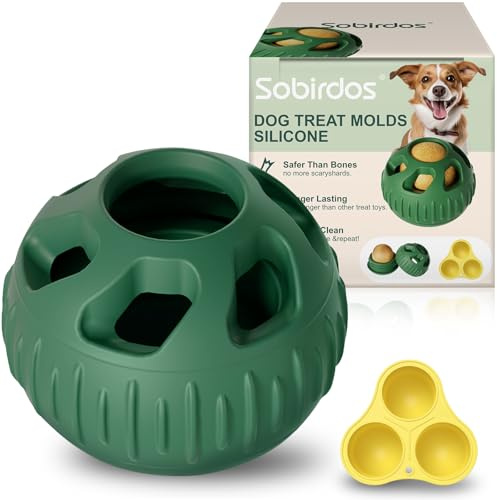 Sobirdos 2 Pcs Dog Chew Toys with Silicone Tray Mold - Freezable Fillable Rubber Balls for Puppies & Small Dogs, Frozen Dog Food Snack Maker, Green Balls + Yellow Molds (S)