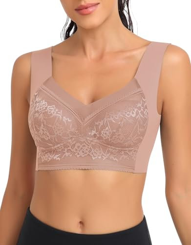 SERSARY Reggiseno Donna Pizzo Imbottito Senza Ferretto Spalla Larga Senza Cuciture Bralette Morbido Reggiseni Top Senza Ganci Comodo Reggiseno Sportivo Leggero Push Up BH,Rosa grigiastro,XXL