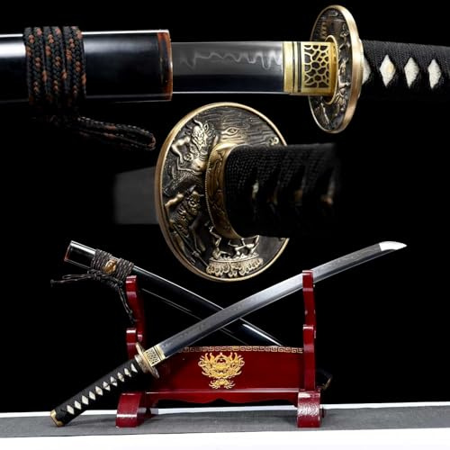 78cm handgefertigt Wakizashi,T10 Stahl klinge und Handschutz aus reinem Kupfer,Massivholz scheide mit Hornverzierung,echtes Samurai schwert für Sammlung,Geschenk,Kampfsporttraining,Fitness,Requisiten