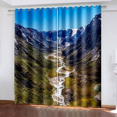 Mesnt Verdunkelungsvorhang Isoliert, 132x160cm Blau Grau Grün Berge und Flüsse Schlafzimmer Gardinen und Vorhang Kälteschutz & Wärmeisolierend