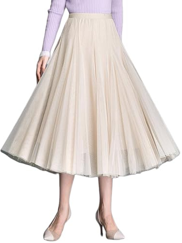 ANIMQUE Femme Jupes Longue Tulle Midi Jupe Taille Haute Plissé Elastique Taille Princesse Élégante Fête Mariage Jupe