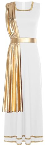 TiaoBug Damen Festliches Kleid Weihnachtsengel Kostüm Metallic Partykleider Griechische Göttin Karneval Halloween Fasching Verkleidung gr. S-XXL Weiß Gold S