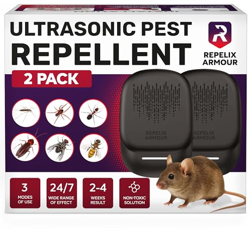 REPELIX ARMOUR Repelente ultrasónico de plagas para Interiores – Pack de 2 – Cubre 140m² por Dispositivo – 3 Modos – Repele Ratones, Ratas, arañas, Mosquitos, Hormigas, Insectos y Moscas