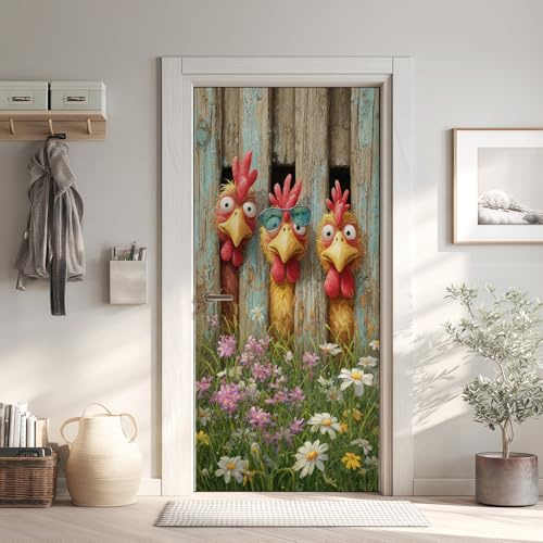 Lustige Hühne Türaufkleber, Zaun Türfolie Selbstklebende Fototapete, Gänseblümchen Gras Dschungel Türposter Abnehmbar Türfolie PVC Für Tür Schlafzimmer Badezimmer Türaufkleber 85x200 cm