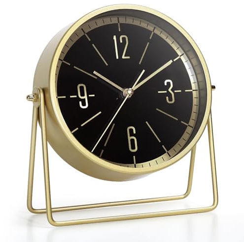 AYRELY Horloge de Table Vintage en métal – Horloge à Poser à Piles, Angle réglable, Quartz Silencieux sans tic-tac, idéale pour cheminée, étagère ou Salon (Doré)