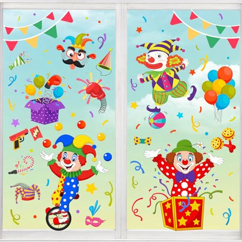 Dermalyx Karneval Fensterbilder Clown Und Tiere, Bunte Selbstklebende Karnevalsaufkleber Für Fenster Kinderzimmer, Faschings Dekoration Karneval Deko