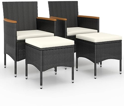 Mokuyary Set med 4 trädgårdsstolar och pall, poly rotting, svart, balkongstol, terrassstolar, matstolar för terrass, trädgård, balkong – B