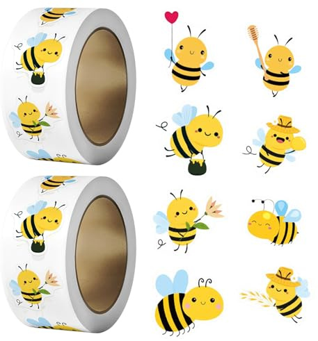 Bee Stickers, 2 Roll Cute Yellow Bumble Honey Bee Stickers, Cute Animal Sticker for Water Bottles, Laptop, Phone, Teacher Reward Decoration, 500 Pcs Each Roll
