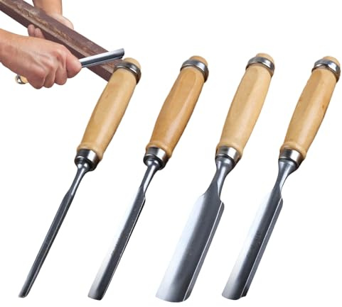 Gubia talla madera 24,3 cm - Tijeras carpintero cromo vanadio | Juego de 4 | herramientas profesionales | cincel medio, 6 mm, 12 mm, 18 mm, 24 mm, kit de carpintería resistente al desgaste |