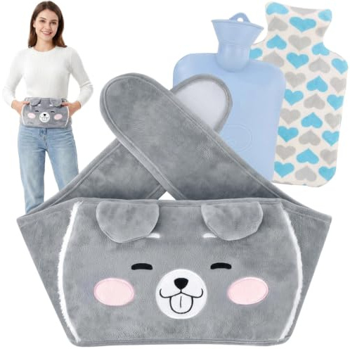 Dexpally Wearable Hot Water Bottle Belt 1L Wrap Around 3 in 1 Hot Water Bag Rubber Warm Hot Water Bag with Soft Plush Waist Cover for Pain Relief Neck, Shoulder, Hands, Back, Legs, Waist, Period Pain