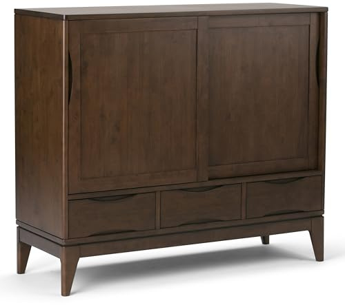 SIMPLIHOME Harper SOLID WOOD 48 inch Wide Mid Century Modern Medium Storage Cabinet in Walnut Brown, with Large Space Behind 2 Sliding Notched Handle Doors, 2 Adjustable Shelves