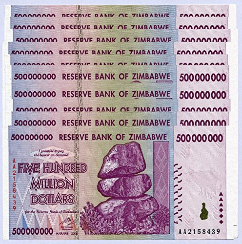 Zimbabwe 500 Million Dollars x 10 Notes 2008 UNC, World Inflation Record, Currency banknotes