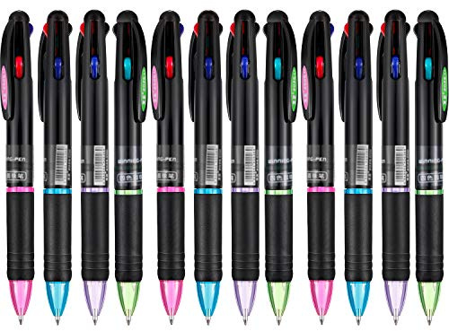 12 Packung Retractable Kugelschreiber Multicolor Stifte 4 Farben Tinte (Schwarz, Blau, Rot und Grün) Gel Ink Kugelschreiber (12)