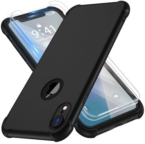 ORETECH für iPhone XR Hülle Silikon mit Schutzfolie,Schwarz | Militärschutz Stoßfest Kratzfest Handyhülle für iPhone XR, Vollständiger Kameraschutz, Vorne und Hinten Schutz Case