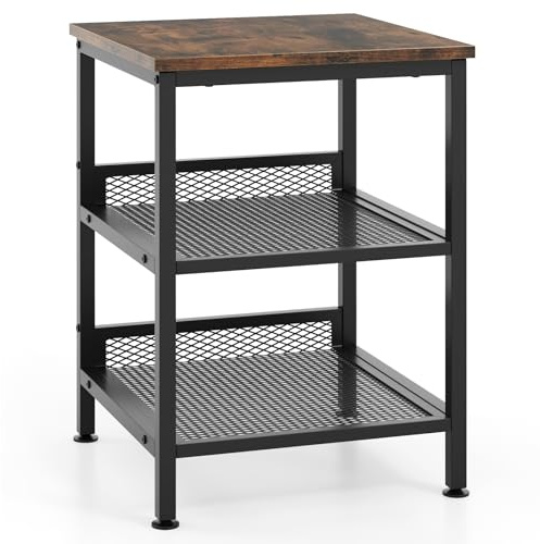 Giantex 3-Tier End Table, Industrial Telephone Table with 2 Mesh Storage Shelves, Metal Frame, 16 Inch Square Sofa Side Table Nightstand for Living Room, Bedroom, Small Space, Rustic Brown