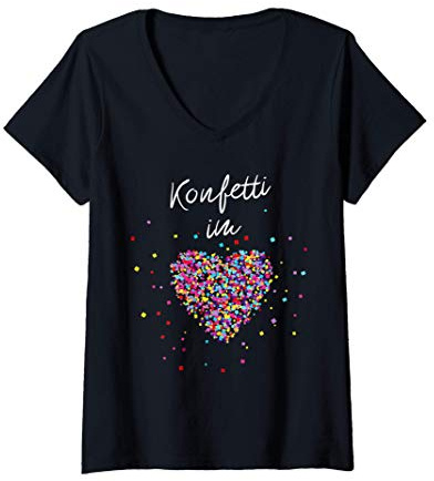 Damen Konfetti im Herzen Fasching Karneval Konfetti Kostüm Outfit T-Shirt mit V-Ausschnitt