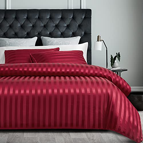 Damier Ropa de cama de 200 x 200 cm, satén rojo a rayas, juego de 3 piezas liso brillante de lujo de alta calidad, funda nórdica con cremallera oculta y 2 fundas de almohada de 80 x 80 cm