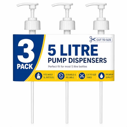 5 liter pumpdispenser för 5 liters behållare – 38 mm skruvtopp med 23 cm rör, 4 ml dos pushdown pelikanpump för schampo, tvål, sirap och rengöringsvätskor, exakt och hållbar dispenser (3-pack)