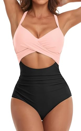 Eomenie Costume da Bagno Intero da Donna con Taglio a Vita Alta, con Allacciatura Posteriore, 1 Pezzo, Nero e Rosa., M