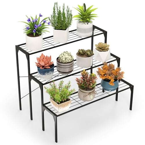 COSTWAY Soporte para Plantas de Metal de 3 Niveles, Estantería para Plantas en Forma Escalera, Soporte Macetas para Flores, Decoración Jardín, Terraza, Patio, Interior y Exterior, 66x65x85 cm, Negro