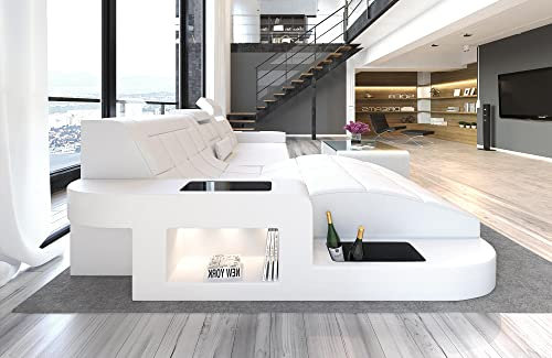 Ledersofa Wave L Form Ecksofa Sofa in Leder - mit LED Beleuchtung, verstellbare Kopfstützen, Recamiere/Lederfarben wählbar/Ausrichtung wählbar (Ottomane Links, White)