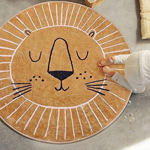 Rururug Runde Kurzflor Teppiche Kinderzimmer, Braun gelb wenig Löwe Kopf Muster, Modern Design Kinderteppich Spielmatte Teppiche Durchmesser: ø 120 cm