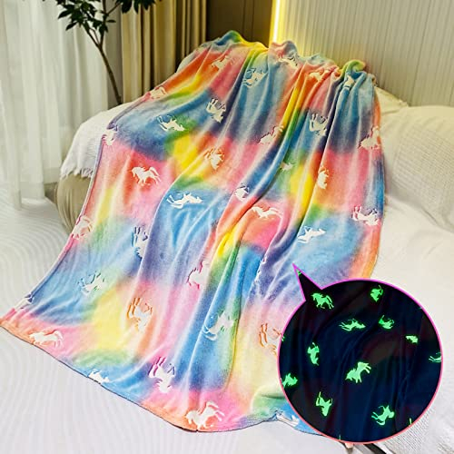 RAINBEAN Glow In The Dark Throw Blanket, Unicorn Blanket for Girls, Luminous Kids Blanket, Soft Flannel Fuzzy Blankets for Girls, Birthday Christmas Unicorn Gifts (127cm x 150cm)