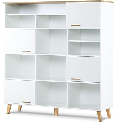 Konsimo Frisk Kollektion Regal - Weiß Bücherregal im Skandinavischen Stil - Standregal für Wohnzimmer oder Schlafzimmer - Robust Regal Holz 150x160x46cm - Bücherschrank mit Holzbeinen