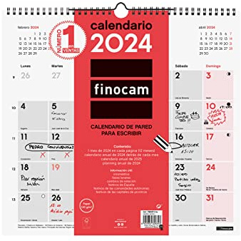 Finocam - Calendario 2024 Neutro de Pared para Escribir Enero 2024 - Diciembre 2024 (12 meses) Español