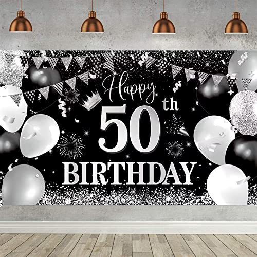 50. Geburtstag Banner Schwarz Silber, Geburtstagsbanner 50, 50. Geburtstag Männer, 50 Geburtstag Hintergrund Banner, 50 Jahre Geburtstagsbanner für 50 Party Deko Männer Frauen