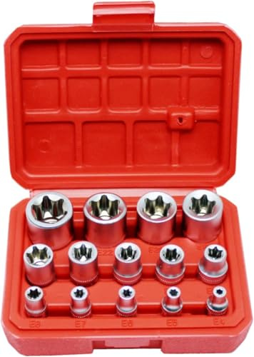 JTZXJJX 14-teiliges E-Torx-Steckschlüsselsatz, 12.5mm, 10mm, 6.3mm Antrieb, Externer Sternsteckschlüssel-Satz, E4-E24 Drehmoment-Steckschlüsselsatz, Rot Gehäuse