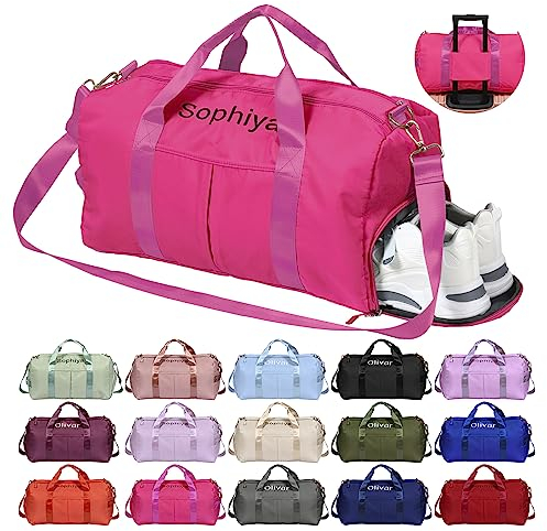 Personalisiert Sporttasche Damen, Wasserdicht Gym Bag mit Sporthandtuch OXYEFEI Embroidery Namen Klassische Sporttaschen Faltbare als Groß Mommy Bag Schwimmtasche Fitness für Damen Mama (Rose Rot)
