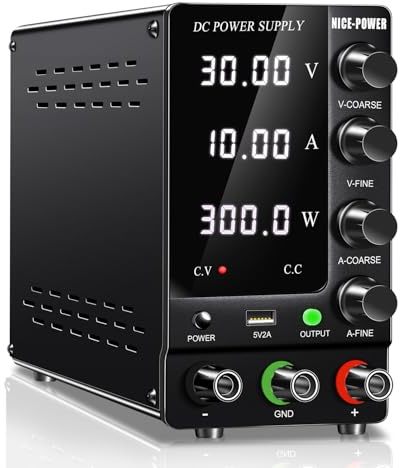 NICE-POWER Fuente de alimentación DC variable 30V 10A, fuente de alimentación de banco ajustable y regulada con interruptor de salida, pantalla LED de alta precisión de 4 dígitos, fuentes de