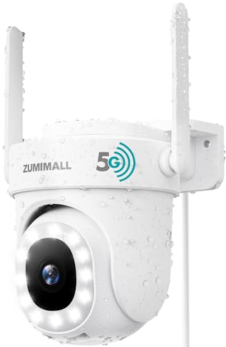 ZUMIMALL Telecamera di sorveglianza PTZ da 5MP, per esterni, 2,4/5 GHz, registrazione 24/7, visione notturna a colori, IP66, scheda cloud, rilevamento intelligente, rilevamento intelligente
