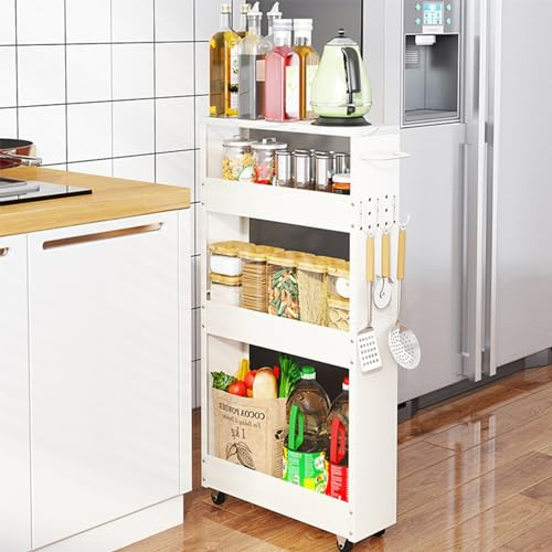 Treesunshine 4 Niveles Carrito de Almacenamiento, Carro de Almacenamiento Rodante, Carro Cocina con Ruedas, Carro Auxiliar con Ruedas, Estanteria para Baño, Espacio Estrecho, 82 *13*43 cm