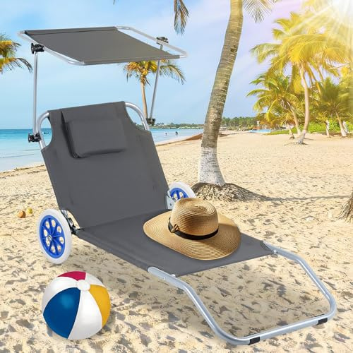 Tubiaz Tumbona Plegable con Techo y Ruedas para Playa o Jardín - Respaldo Regulable en 5 Posiciones, Capacidad de Carga de 100 kg, para Camping